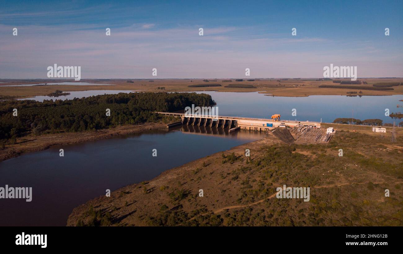 Aerial view of Represa Rincon de Baygorria bridge in Uruguay Stock