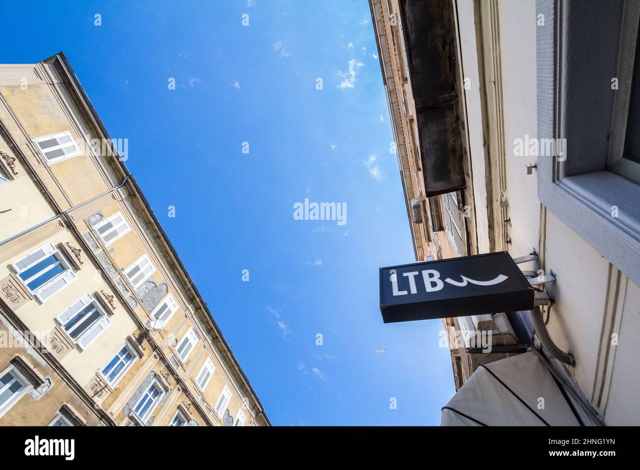 Picture of a sign with the logo of LTB on their main shop for Ljubljana, Slovenia. LTB Jeans is a jeans and textile brand established in 1994 in Istan Stock Photo