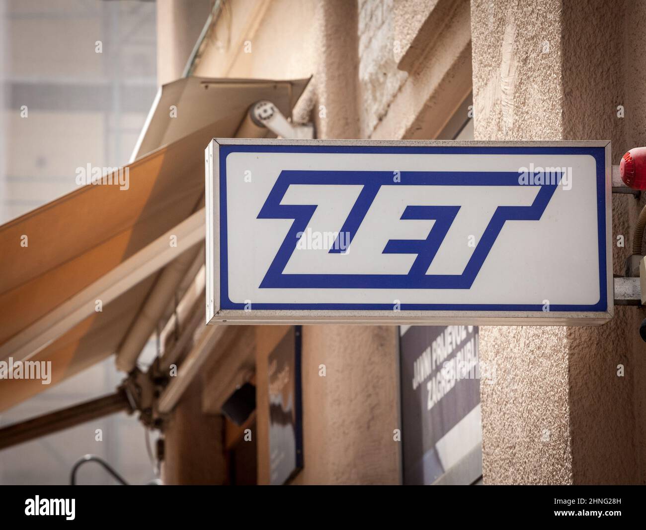 Picture of a ZET logo at a ticket selling point. It is run by ZET, or Zagrebacki elektricni tramvaj (ZET), the public transportation authority of Zagr Stock Photo