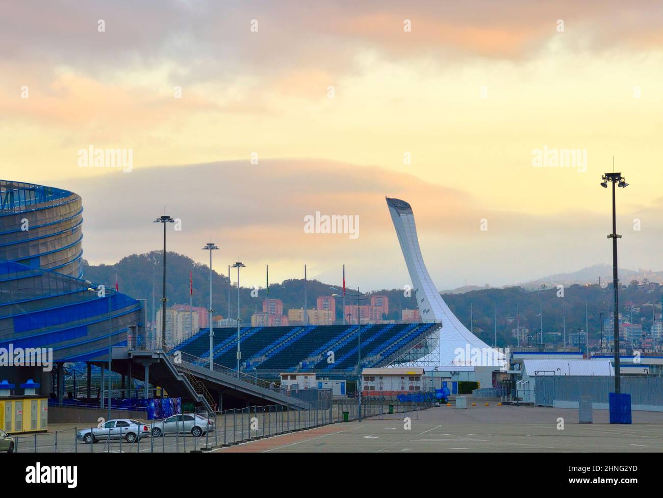 Adler, Sochi, Russia, 11.01.2021. The park of the 2014 Winter Olympic Games. The fountain tower is the Cup of the Olympic Flame under the morning sky Stock Photo