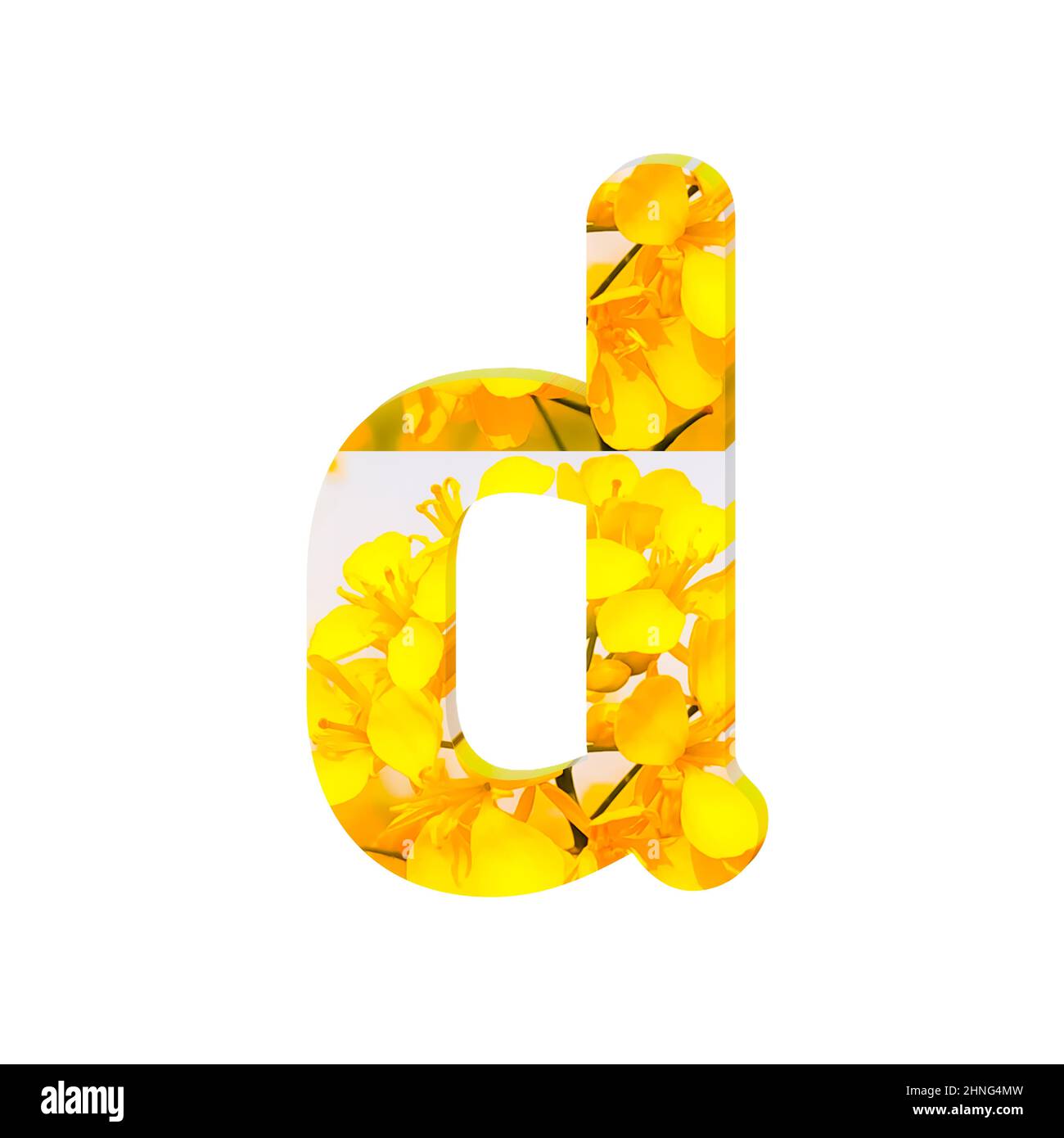 3D render of a letter D with a yellow flower decoration isolated on a white background Stock Photo