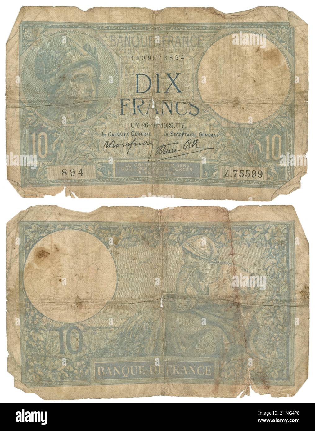1939, Ten Francs note, France, obverse and reverse. Actual size: 137mm x 86mm. Stock Photo
