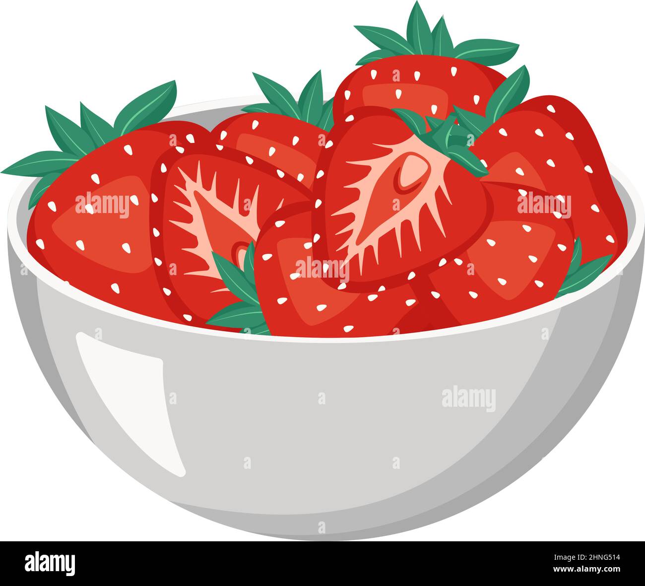 Strawberry red berry in metal bowl. Sweet tasty food and snack. Natural product suitable for vegetarians. A source of vitamins and allergies. Vector flat illustration Stock Vector