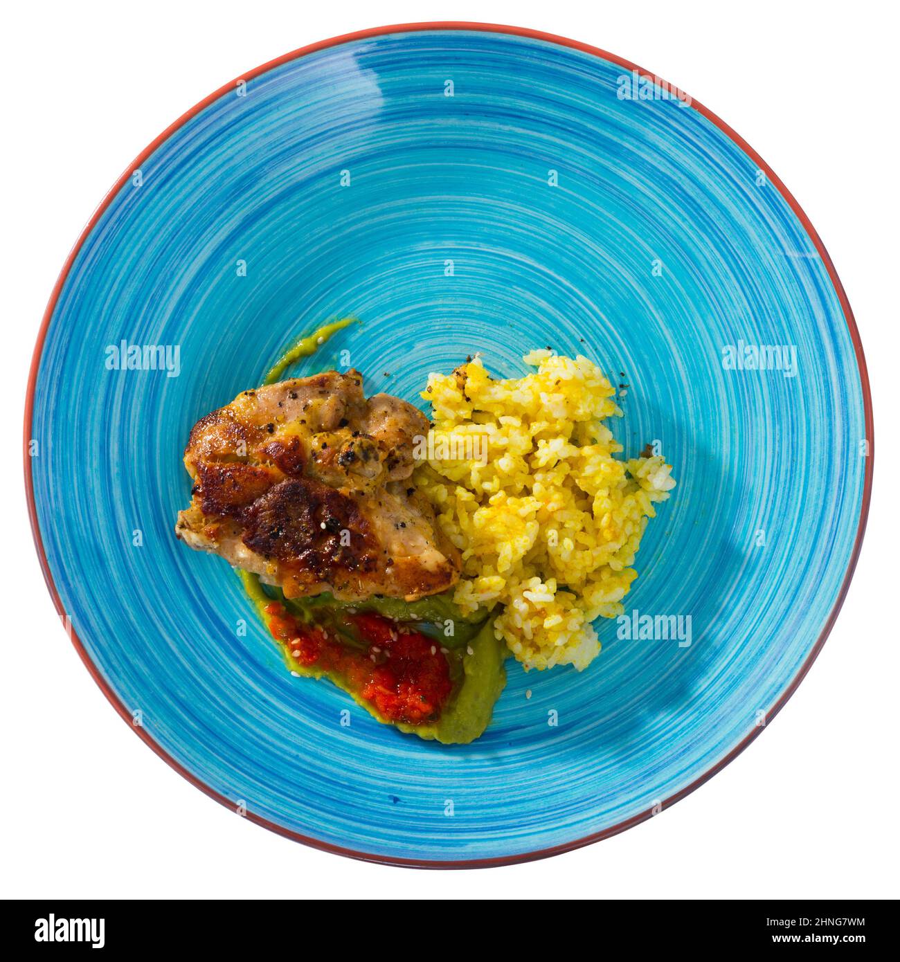 Fried chicken thighs with rice Stock Photo - Alamy