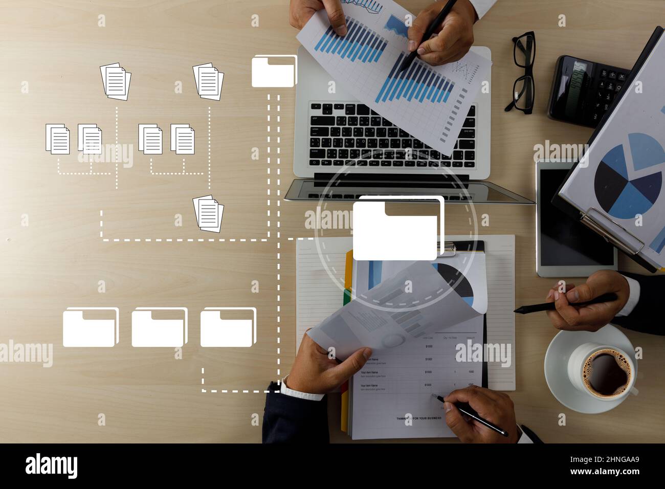 man work document management data document on digital tablet online documentation database Stock Photo
