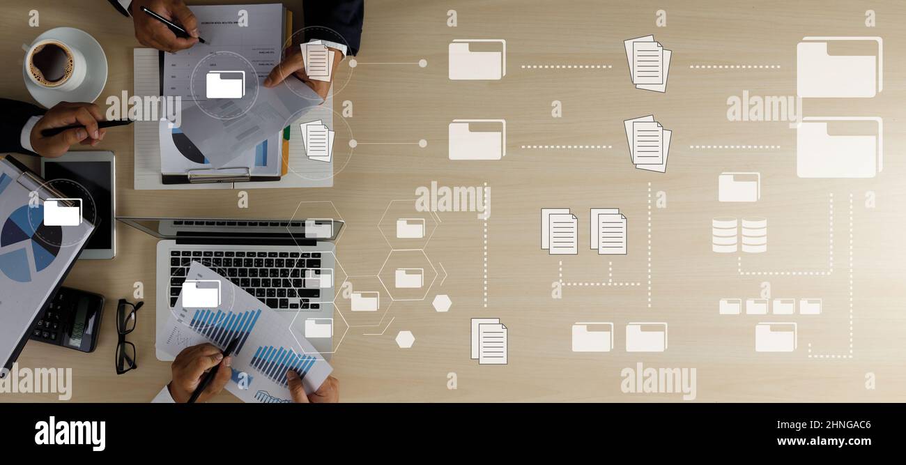 man work document management data document on digital tablet online documentation database Stock Photo