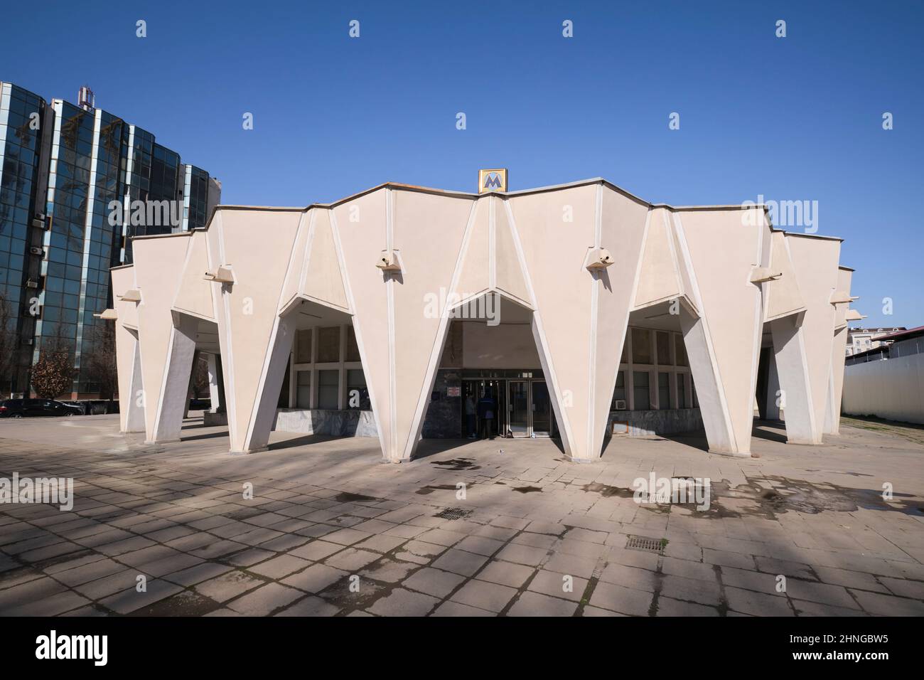 The exterior of the concrete, futuristic, spider-looking Bunyodkor Metro station. In Tashkent, Uzbekistan. Stock Photo