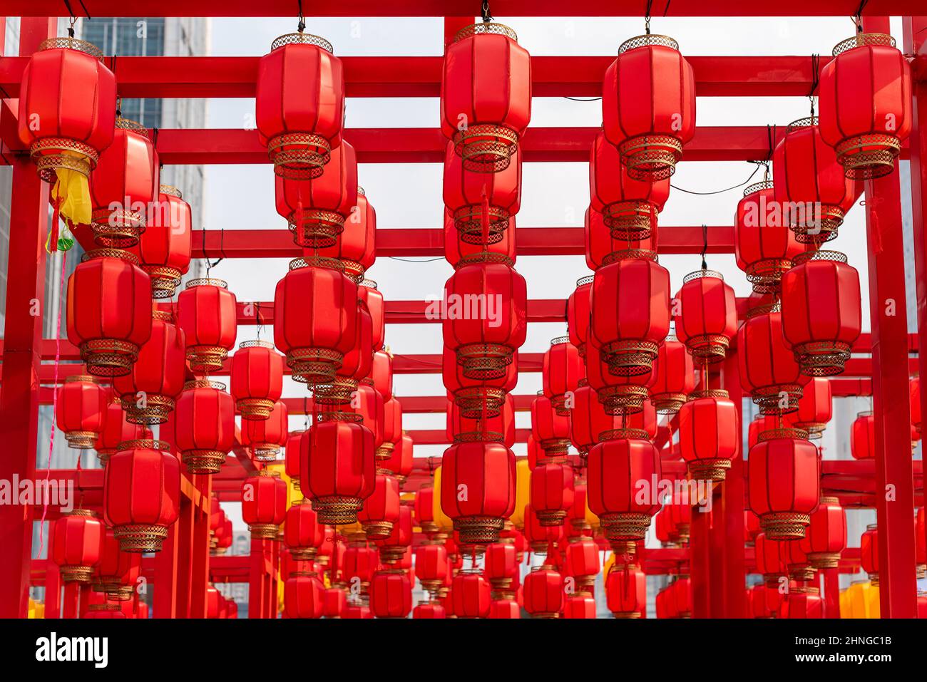 Red Chinese lanterns hanging in the city Stock Photo