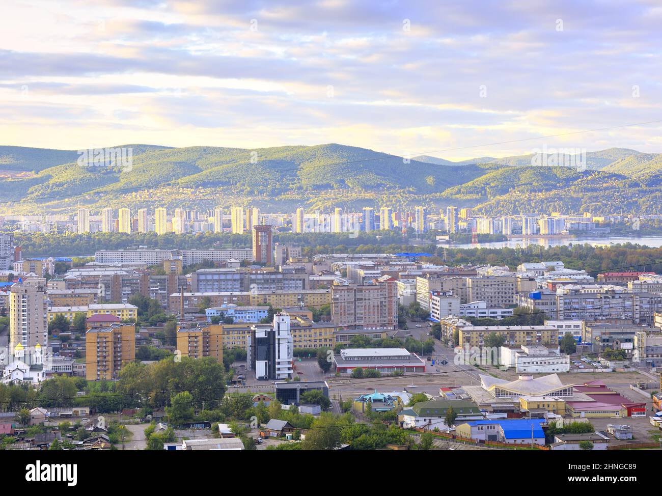 Krasnoyarsk, Siberia, Russia-09.01.2021: Panorama of the city center and surrounding hills, view from Karaulnaya Mountain Stock Photo