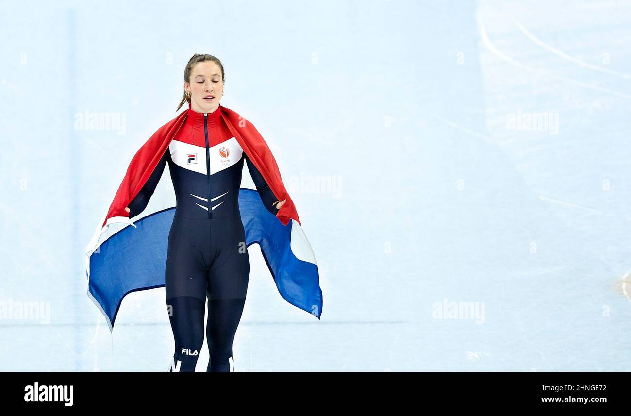 BEIJING, CHINA -  Suzanne Schulting of the Netherlands during the women's shorttrack speedskating 1500m final at the Olympic Winter Games 2022 Stock Photo