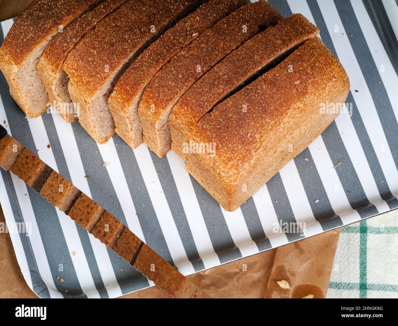 sliced organic bread loaf isolated from above on studio no people Stock Photo