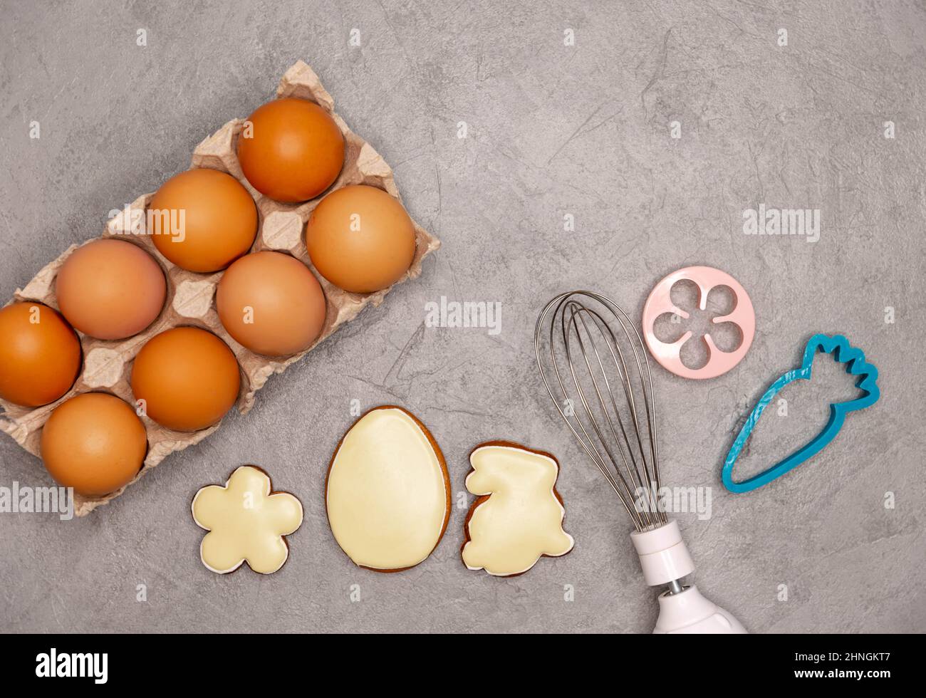 Baking ingredients and kitchen items for baking. Easter recipe. Stock Photo