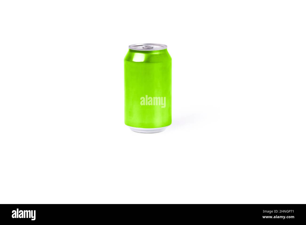 Lime-colored aluminum can on a white background. Refreshing drink concept Stock Photo