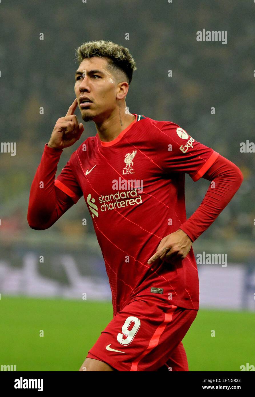 Milan. 16th Feb, 2022. Liverpool's Roberto Firmino celebrates his goal  during UEFA Champions League round of 16 first leg match between FC Inter  and Liverpool in Milan, Italy, Feb.16, 2022. Credit: Alberto
