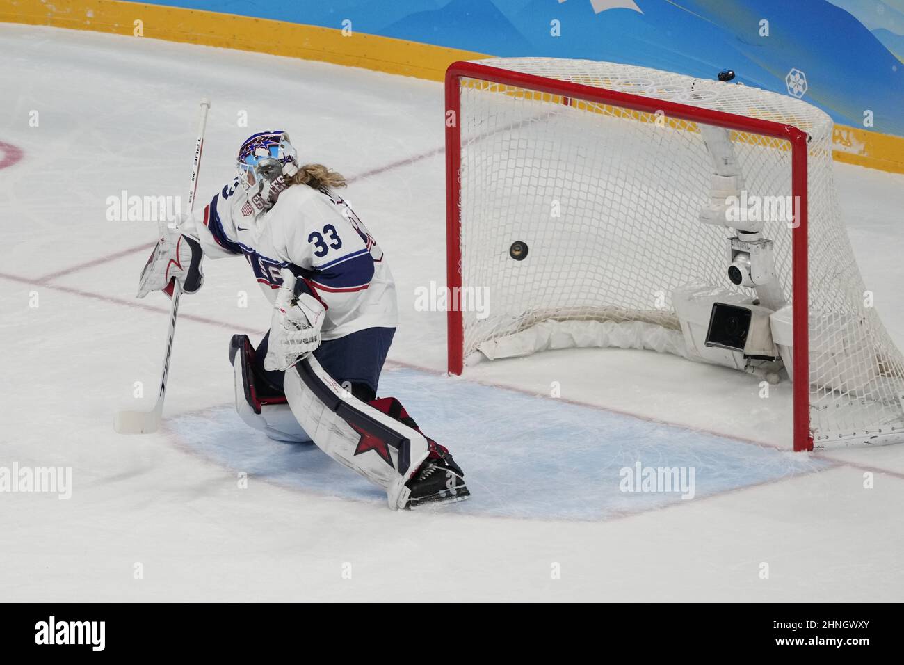 Beijing, China. 17th Feb, 2022. USA goalkeeper Alex Cavallini #33 concedes a goal shot by Canada forward Marie-Philip Poulin #29 (not pictured during their Women's Ice Hockey Gold Medal match at the Wukesong sports center at the Beijing 2022 Winter Olympics on Thursday, February 17, 2022. Photo by Paul Hanna/UPI Credit: UPI/Alamy Live News Stock Photo