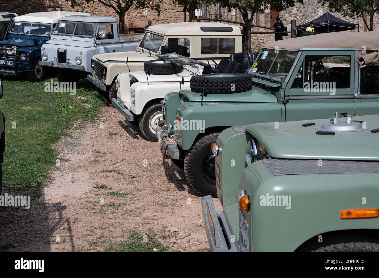 Shot of the group of Land Rover Santana vehicles parked in the field in Suria, Spain Stock Photo