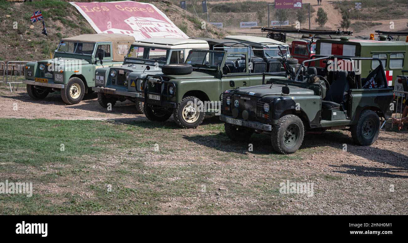 Shot of the group of Land Rover Santana vehicles parked in the field in Suria, Spain Stock Photo