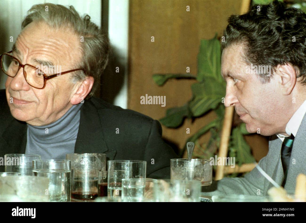 Bucharest, Romania, 1990. Australian- American business magnate Rupert Murdoch with Romanian author & director of the Romanian Television Aurel Dragoș Munteanu (right), soon after the fall of communism. Stock Photo