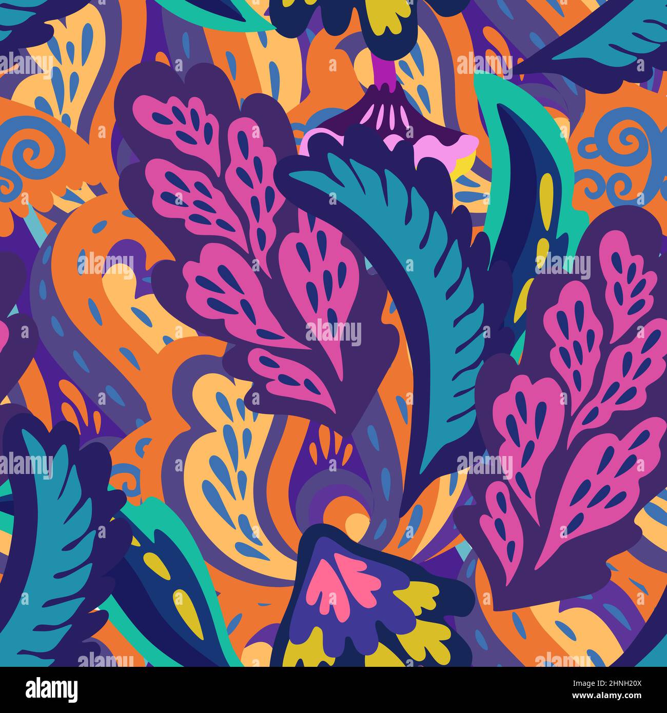 Bright colorful seamless pattern with floral and plants element in psychedelic vibrant funky style. Stock Vector