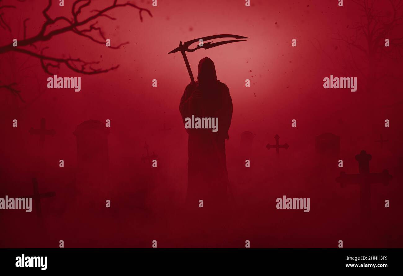 Silhouette of a grim reaper on a grave yard, halloween concept Stock Photo