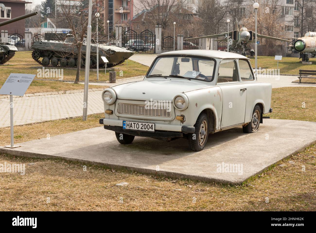 Trabant 601 with NATO 2004 license plate as a symbol for Bulgaria's accession to NATO at the National Museum of Military History in Sofia, Bulgaria Stock Photo