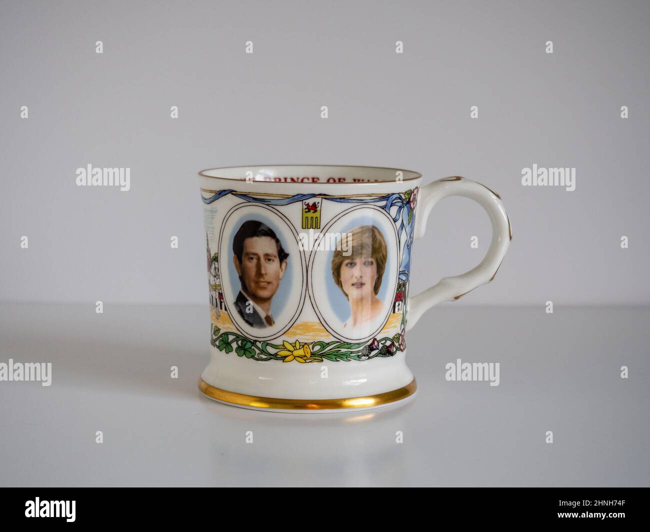 Photo of a souvenir mug marking the wedding of HRH Prince Charles to Lady Diana Spencer 29 July 1981. Stock Photo