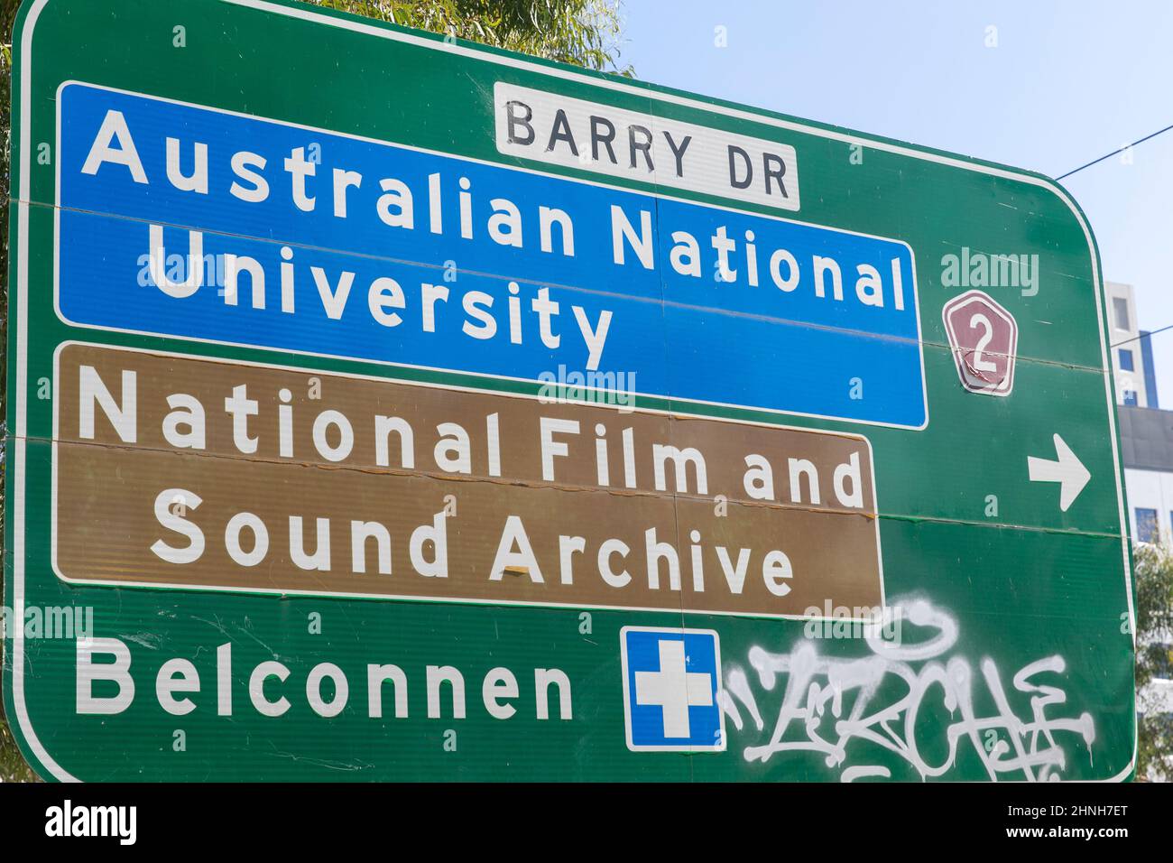 Barry Drive in Canberra city centre and directions to Belconnen, national film and sound archive and australian national university Stock Photo