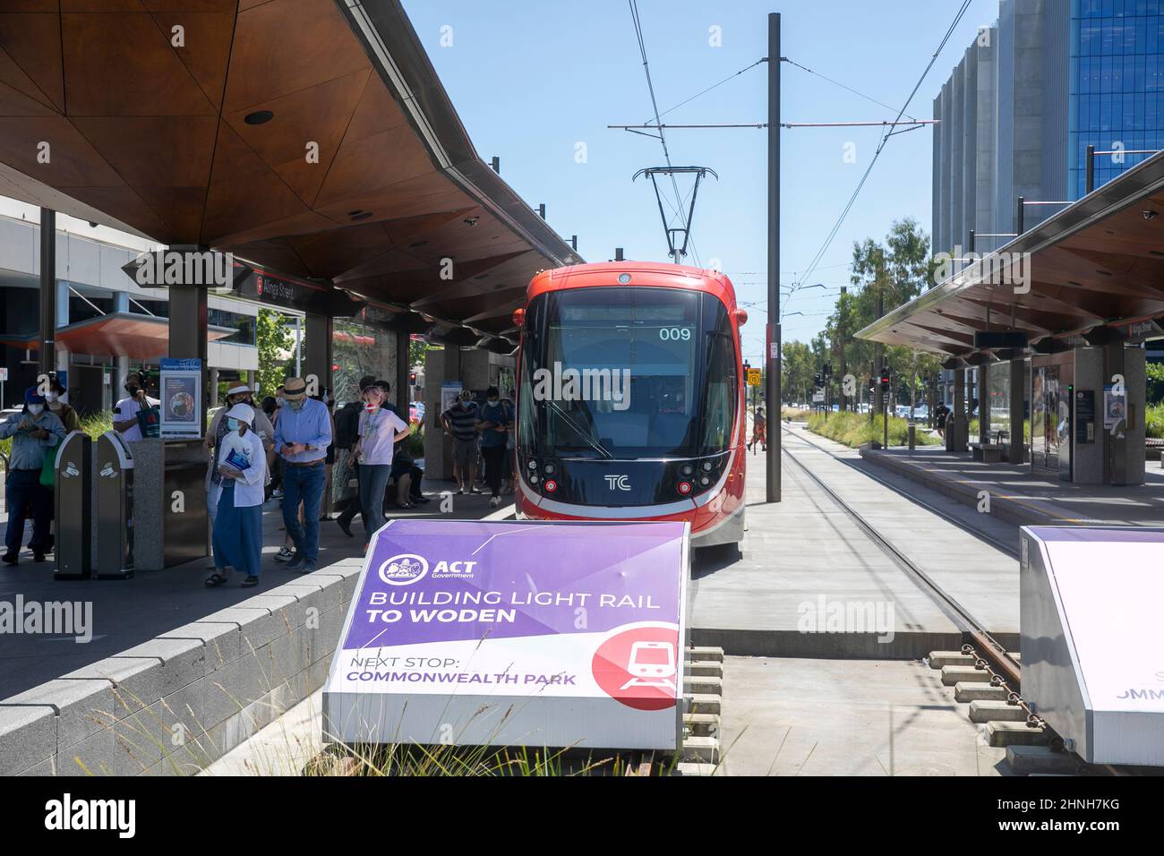 Canberra light rail train at end of the line station in Canberra,ACT