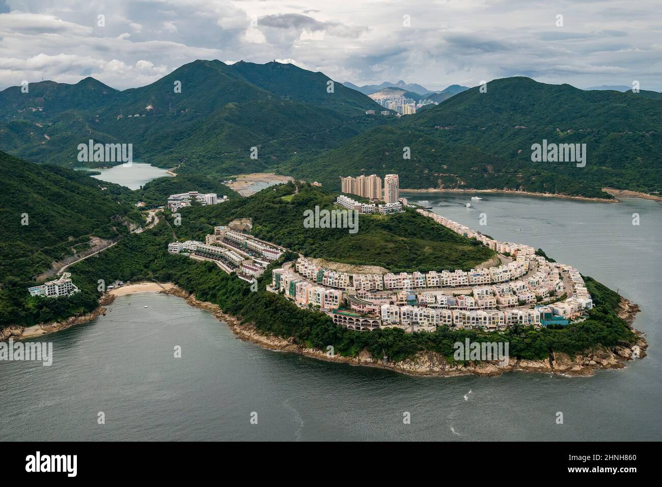 Aerial from helicopter showing the residential developments on Red Hill Peninsula, Hong Kong Island, 2008 Stock Photo