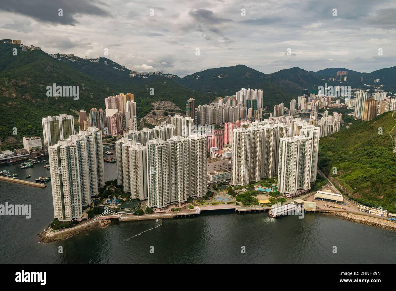 Aerial from helicopter showing the high-rise housing estates of Aberdeen and Ap Lei Chau, Hong Kong Island, 2008 Stock Photo
