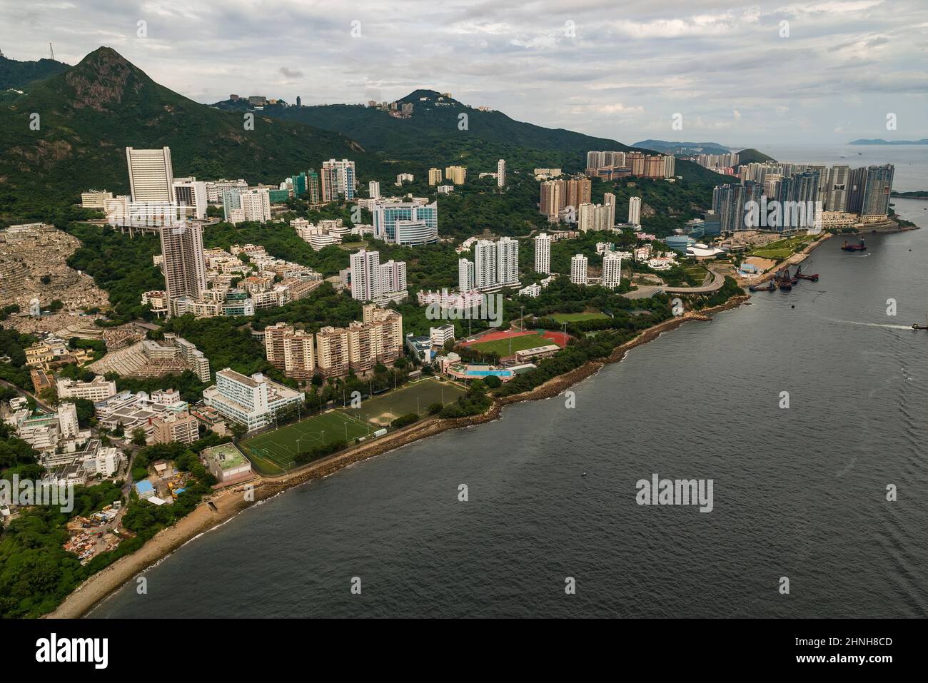 Aerial from helicopter showing Pokfulam and Cyberport, Hong Kong Island, 2008 Stock Photo