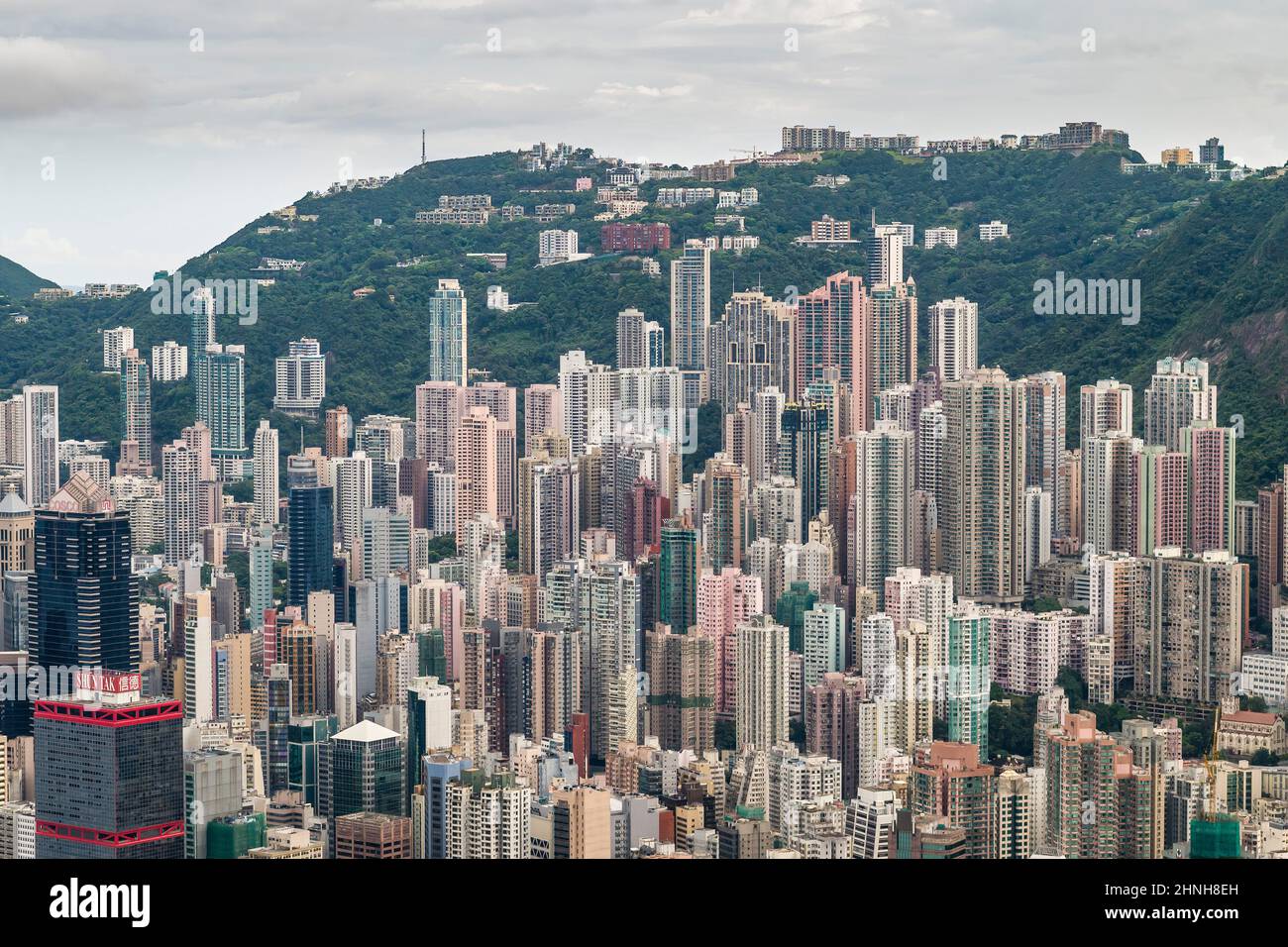 Aerial from helicopter showing the high-rise residential blocks of Sheung Wan and Mid-Levels, Hong Kong Island, in 2008 Stock Photo
