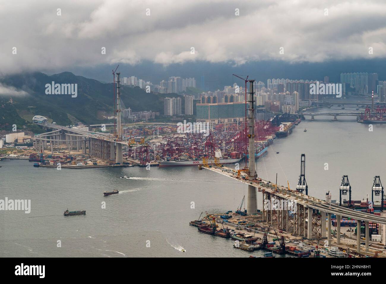 Aerial from helicopter showing Stonecutters Bridge under construction in 2008, Hong Kong Stock Photo