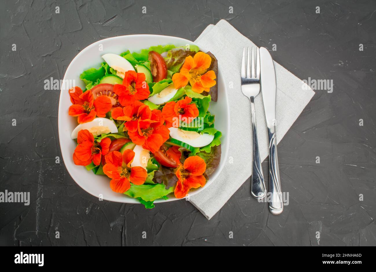 beautiful salad with edible flowers Stock Photo