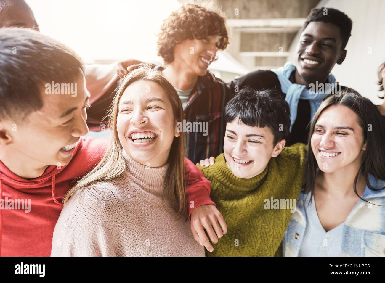 Portrait of multiracial friends having fun smiling on camera outdoor ...