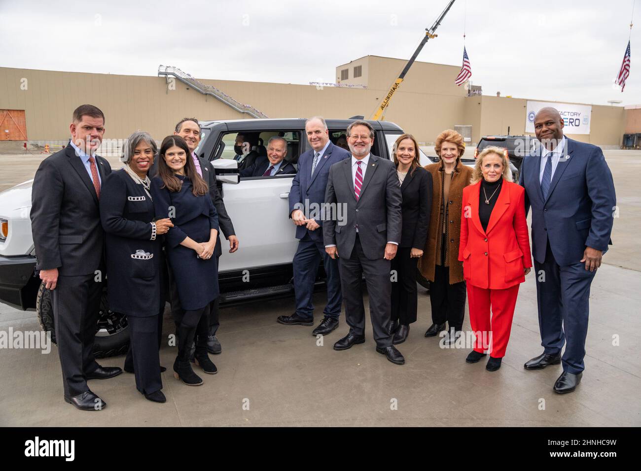 Usa. 17th Nov, 2021. President Joe Biden gets an overview and test drives the Hummer EV during a tour of the General Motors Factory ZERO electric vehicle assembly plant, Wednesday, Nov. 17, 2021, in Detroit. Joining him, from left, are Labor Secretary Marty Walsh, Michigan Reps. Brenda Lawrence, Haley Stevens, Andy Levin and Dan Kildee, Sen. Gary Peters, GM CEO Mary Barra, Sen. Debbie Stabenow, Rep. Debbie Dingell and UAW President Ray Curry. (Photo by Adam Schultz) Credit: White House/ZUMA Press Wire Service/ZUMAPRESS.com/Alamy Live News Stock Photo