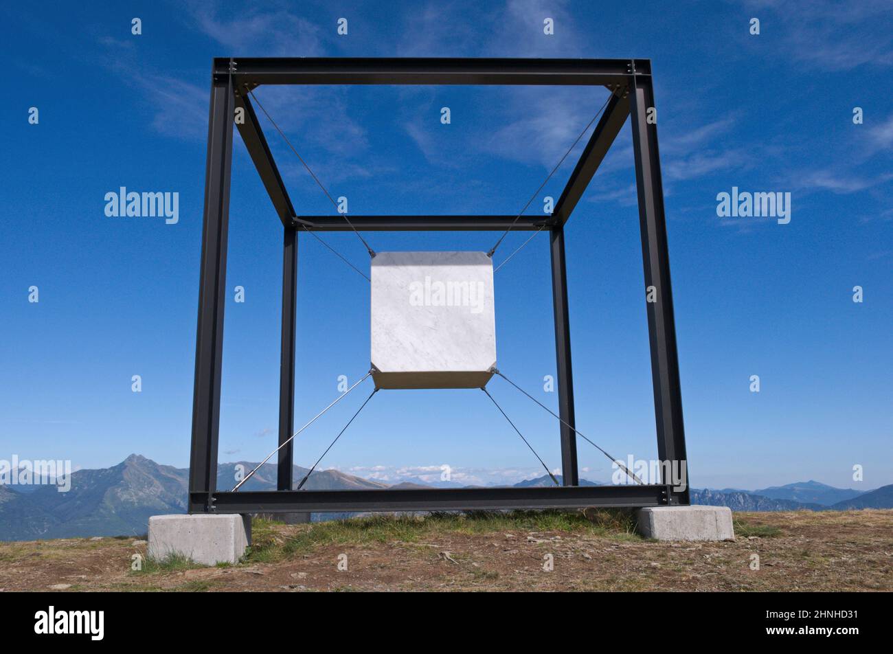“Suspended Cube” by artists Jaya Schürch - Monte Tamaro - Canton Ticino, Switzerland Stock Photo