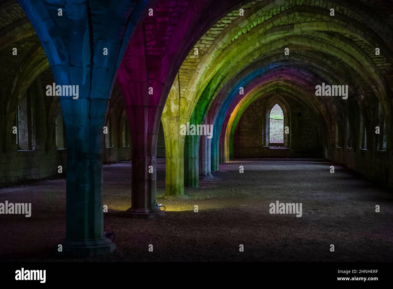 Floodlit cloisters at Fountains Abbey, Yorkshire, UK Stock Photo Alamy