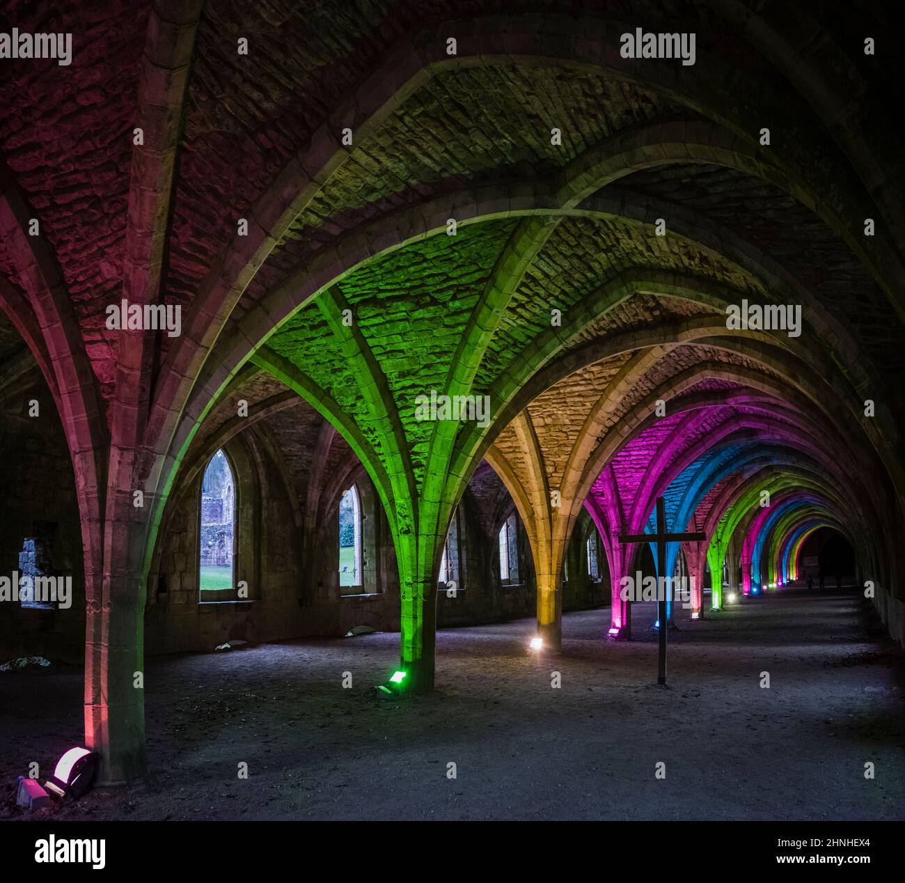 Floodlit cloisters at Fountains Abbey, Yorkshire, UK Stock Photo Alamy