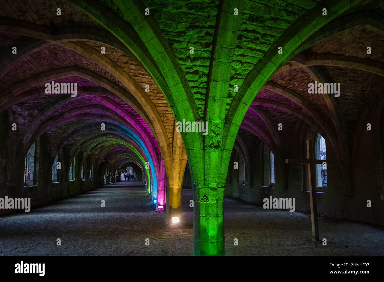 Floodlit cloisters at Fountains Abbey, Yorkshire, UK Stock Photo