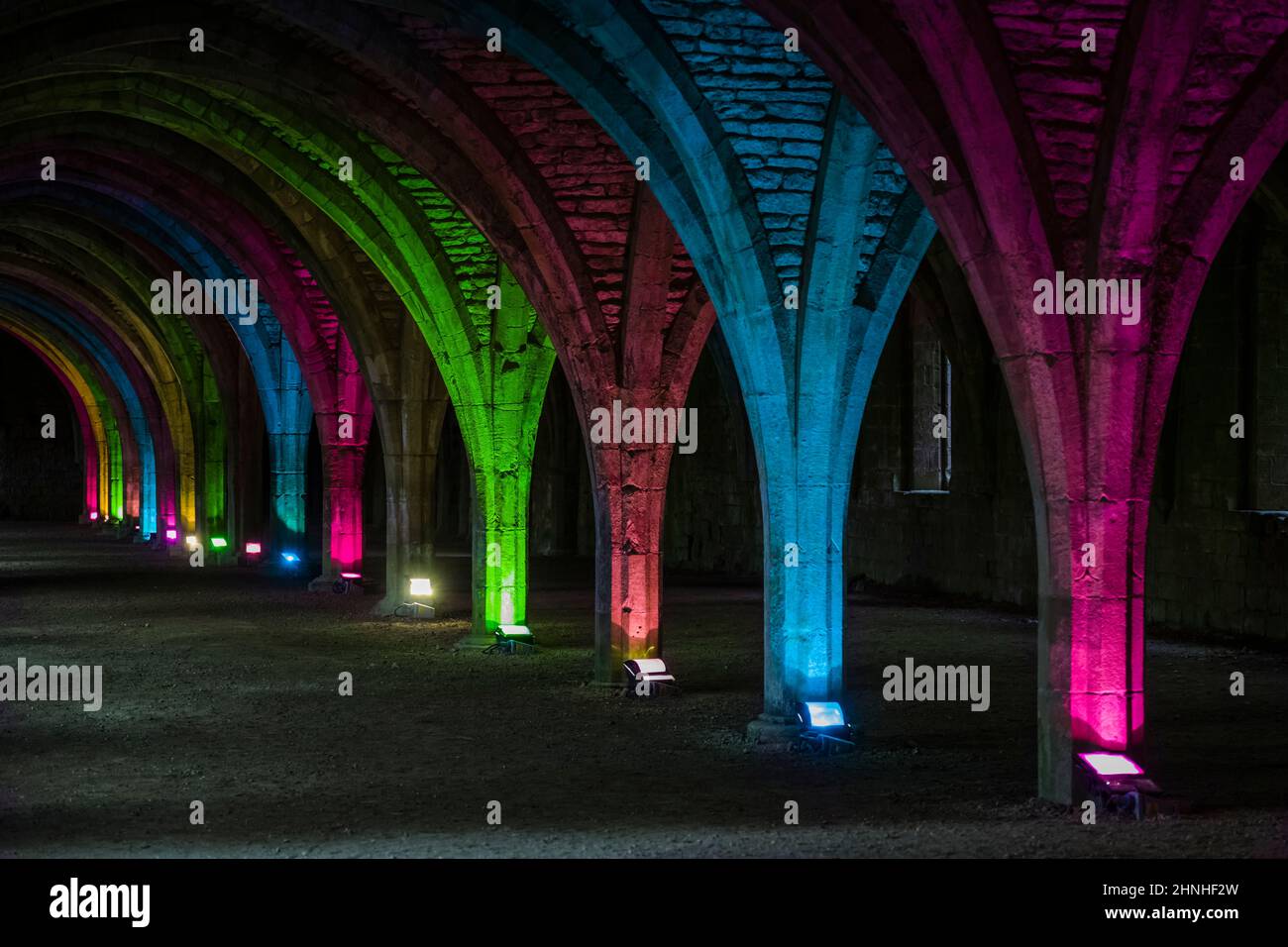 Floodlit cloisters at Fountains Abbey, Yorkshire, UK Stock Photo Alamy