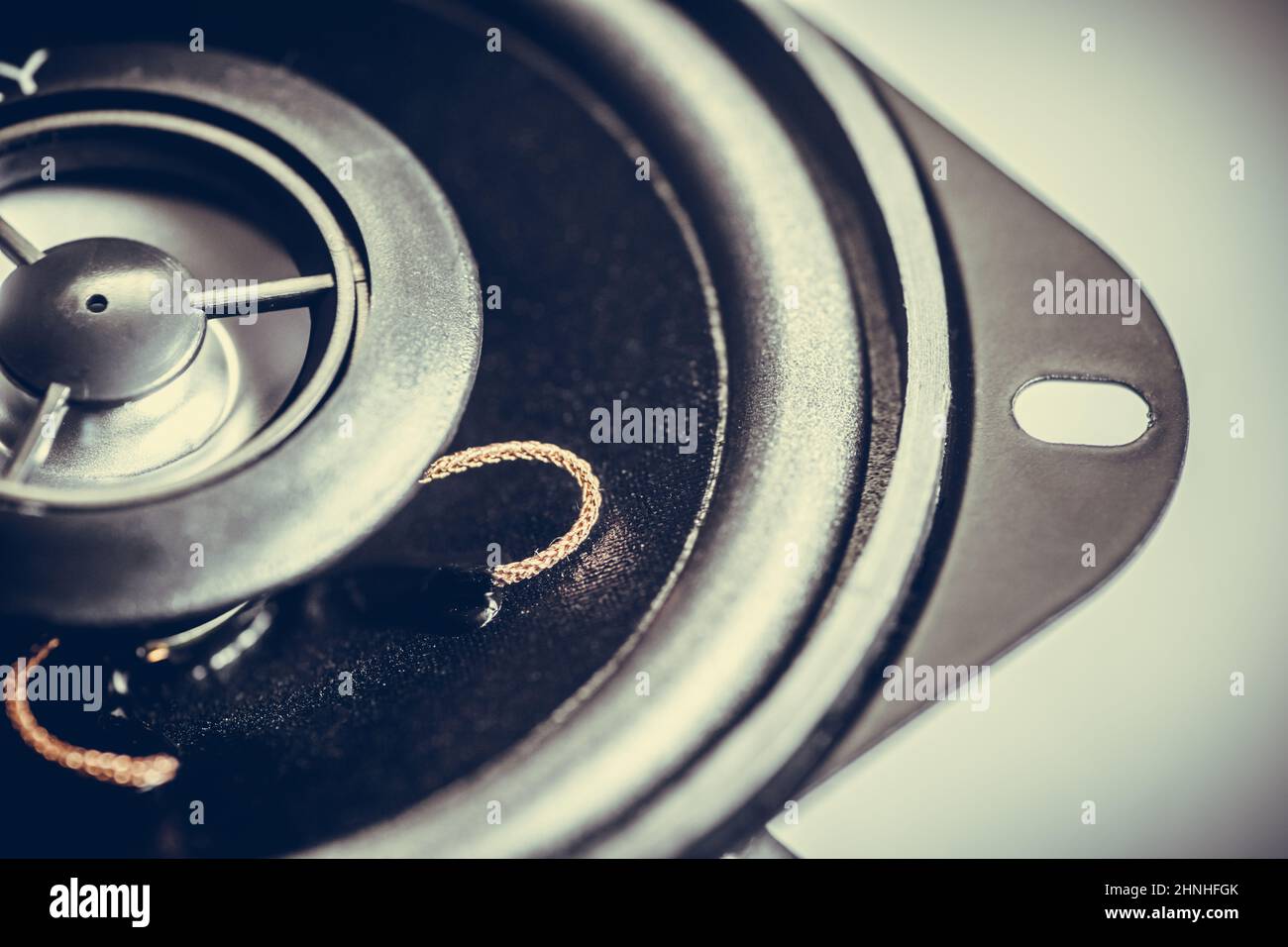 Close up shot of a new car audio speaker. Stock Photo
