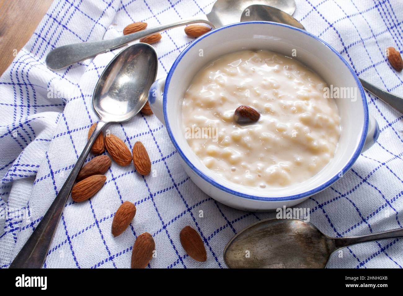 homemade rice pudding topped with an almond, a christmas tradition in finland Stock Photo