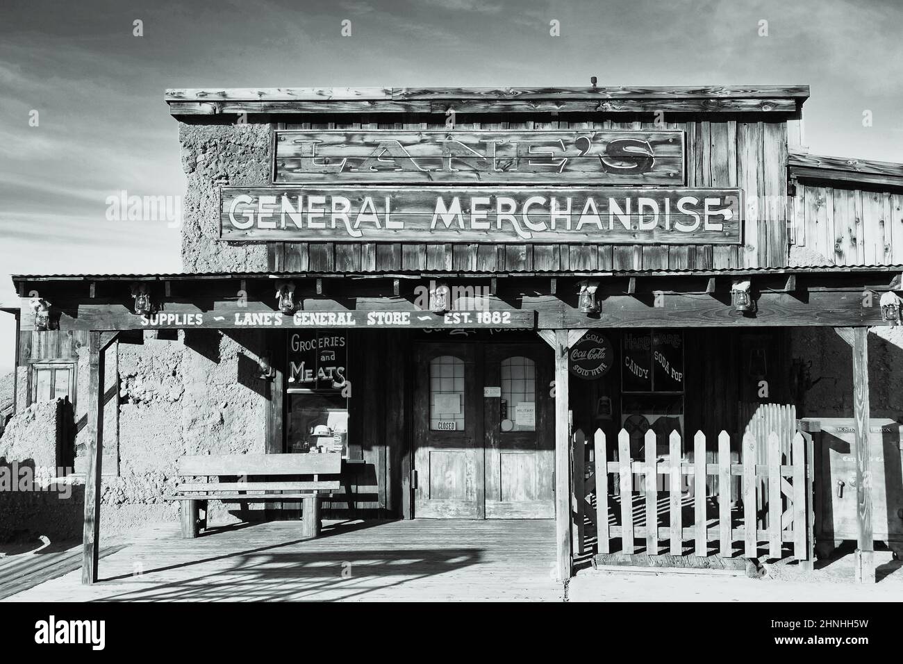 Black and white photo of the general store in the ghost town of Calico, San Bernardino County, California, USA Stock Photo