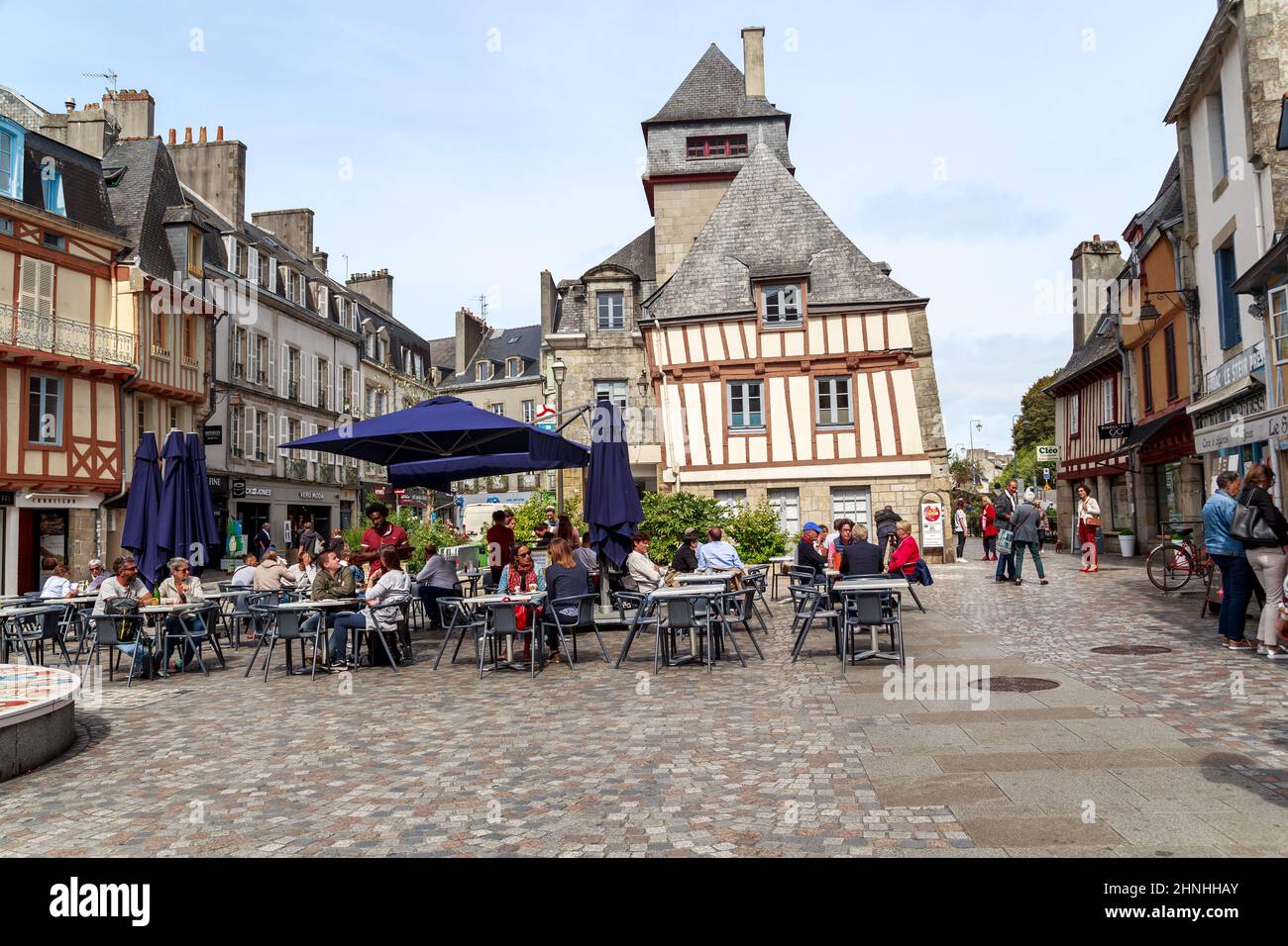 QUIMPER , FRANCE - SEPTEMBER 6, 2019: This is Place Terre au Duc, with half-timbered and stone medieval houses. Stock Photo