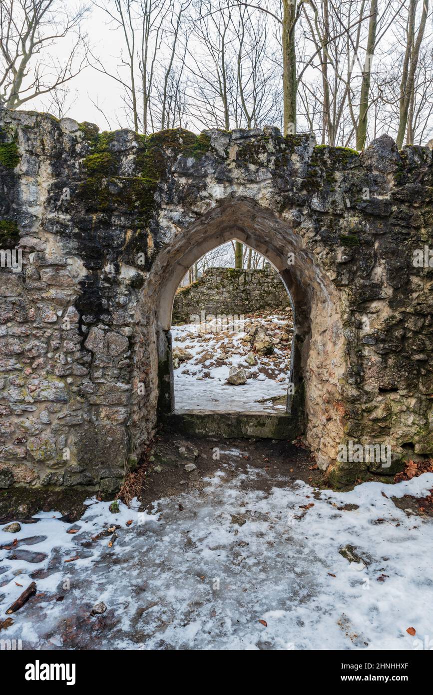 Sostyn castle ruins above Koprivnice town in Czech republic during cloudy winter day Stock Photo