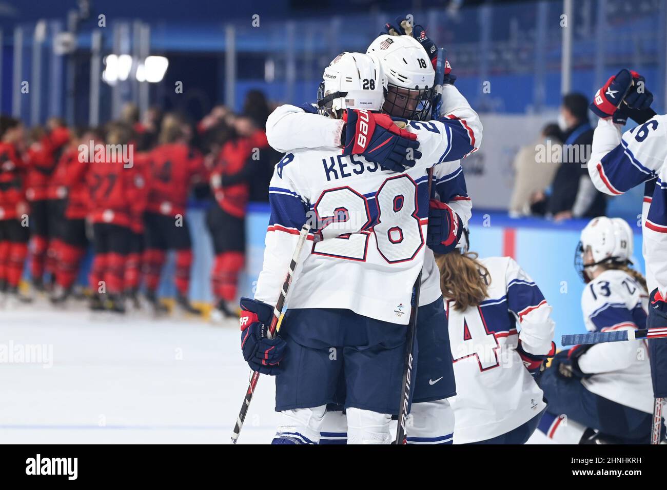 Beijing, China. 17th Feb, 2022. Jesse Compher (R) of the United States consoles her teammate Amanda Kessel after the ice hockey women's gold medal game of the Beijing 2022 Winter Olympics between Canada and the United States at Wukesong Sports Centre in Beijing, capital of China, Feb. 17, 2022. Credit: Huang Zongzhi/Xinhua/Alamy Live News Stock Photo