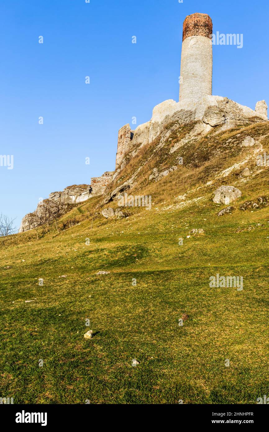 Ruins of medieval royal castle on the limestone rocks, Olsztyn, Silesia,  Poland. Krakow-Czestochowa Upland, the Polish Jurassic Highland Stock Photo