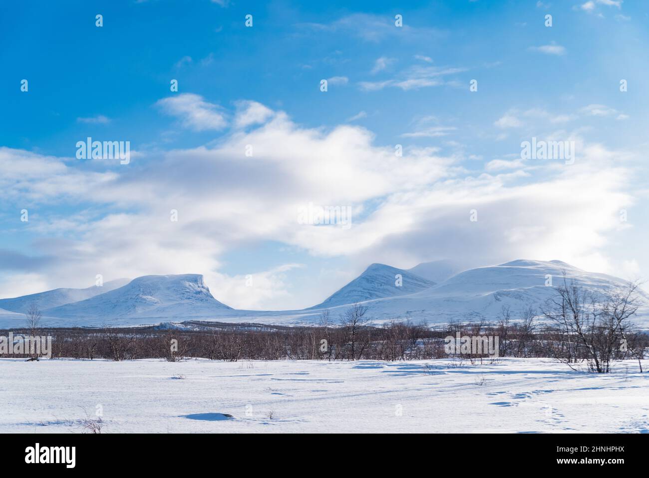 Lapporten or Tjuonavagge is a U-shaped valley in Lapland in northern Sweden, one of the most familiar natural sights of the mountains there. Stock Photo