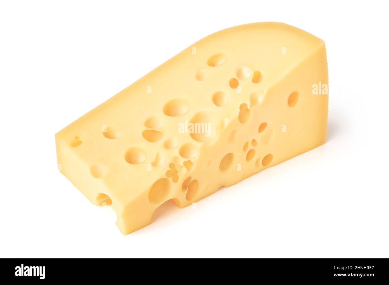 Food and drink: triangular piece of cheese, isolated on white background Stock Photo